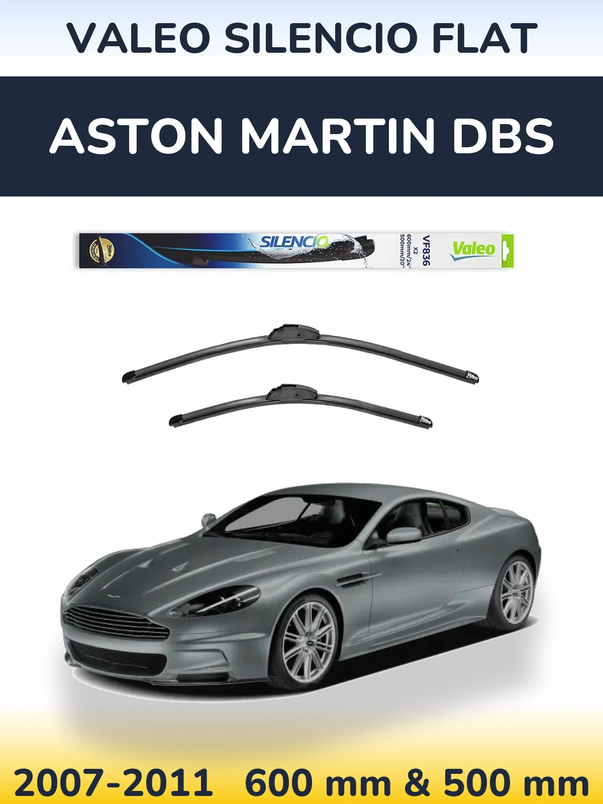 Sada předních stěračů Valeo Silencio Flat 600 a 500 mm pro Aston Martin DBS 2007-2011