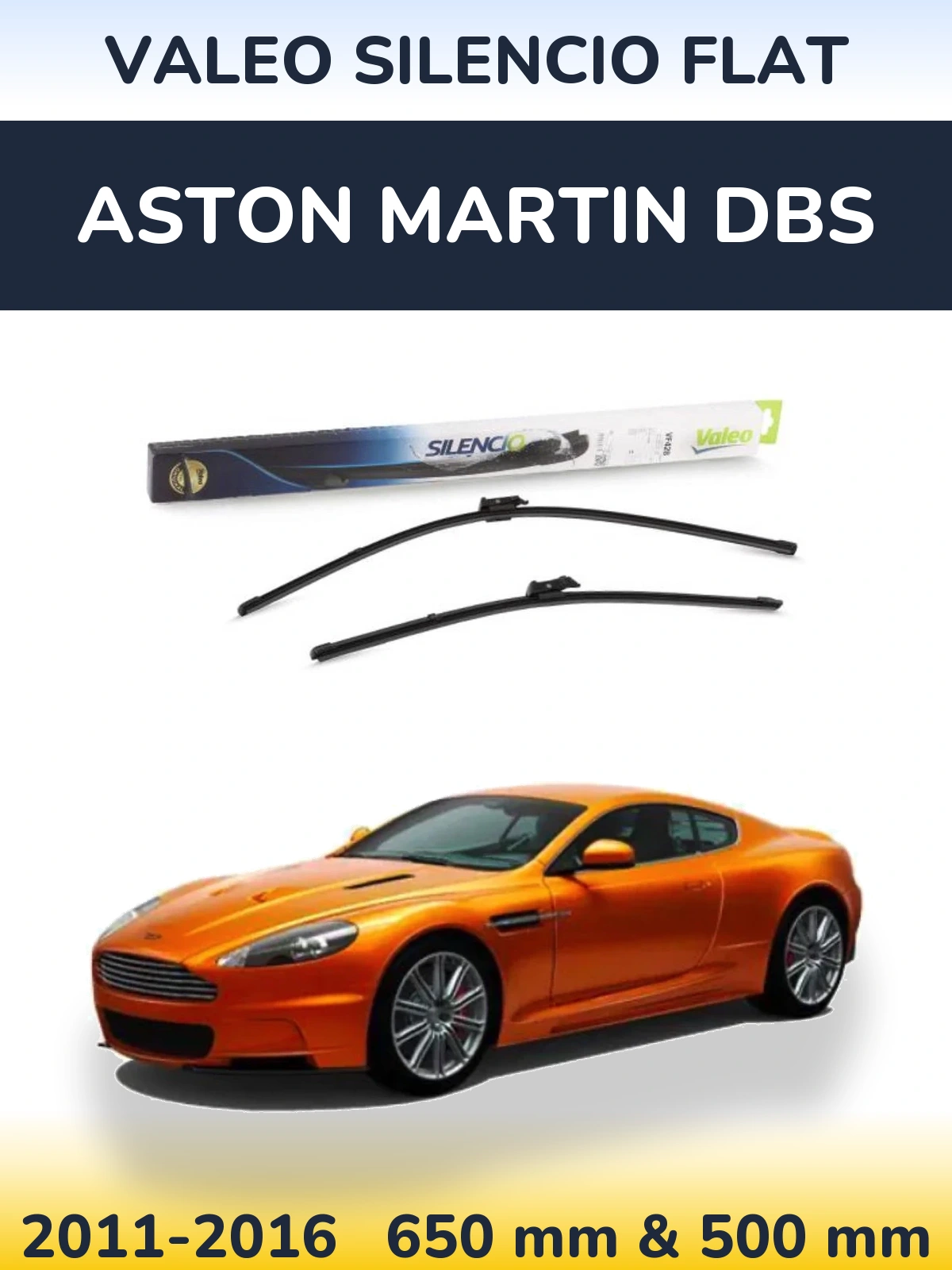 Sada předních stěračů Valeo Silencio Flat 650 a 500 mm pro Aston Martin DBS 2011-2016
