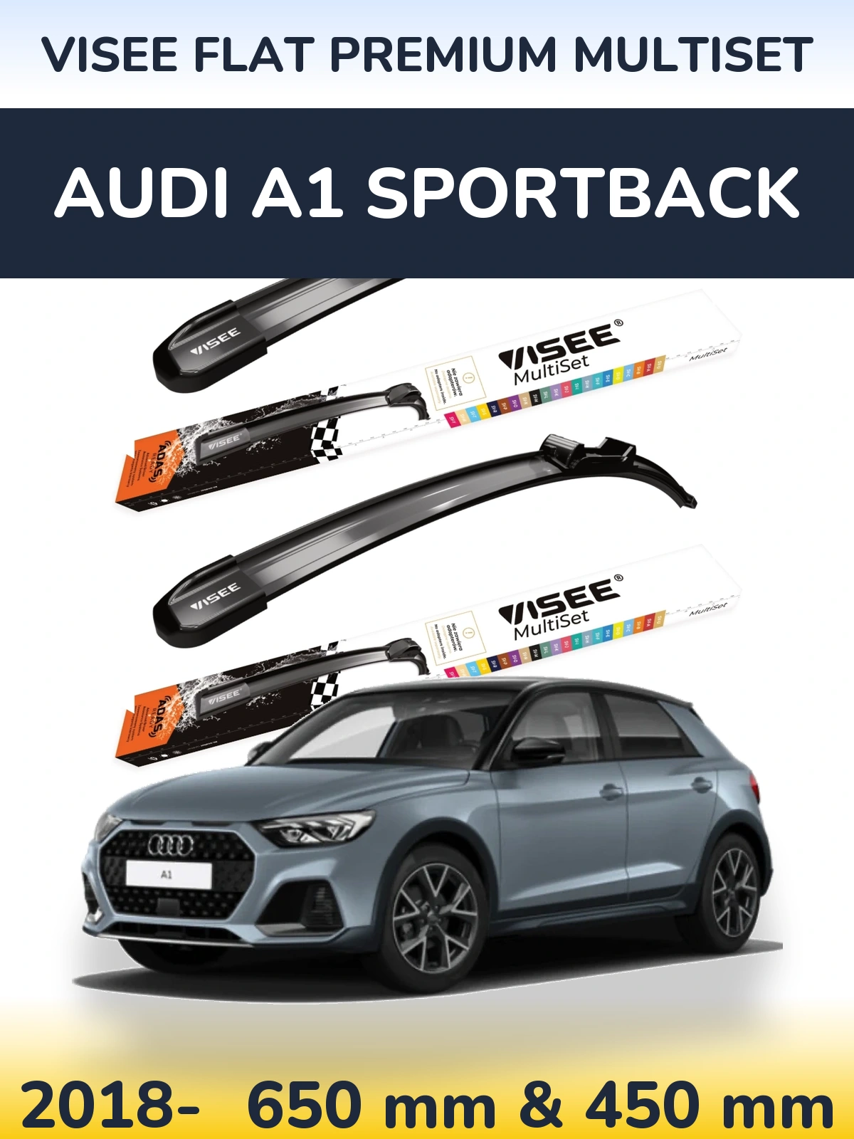 Sada předních stěračů VISEE FLAT PREMIUM MultiSet 650 a 450 mm pro Audi A1 Sportback 2018-2026