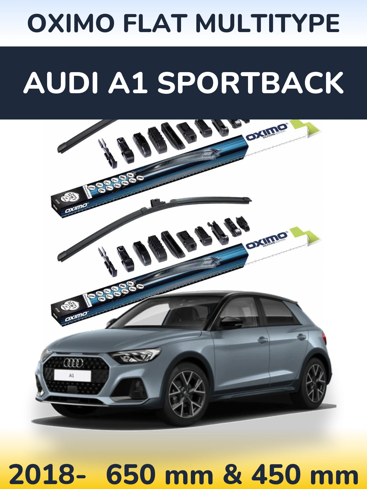 Sada předních stěračů Oximo Flat MultiType 650 a 450 mm pro Audi A1 Sportback 2018-2026