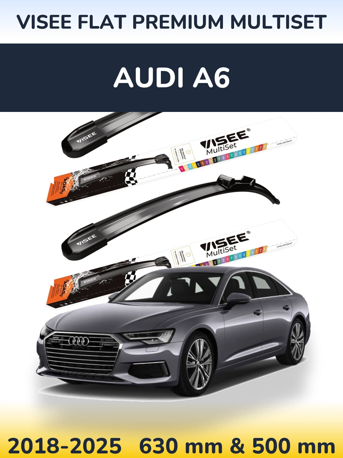 Комплект передніх щіток VISEE FLAT PREMIUM MultiSet 630 & 500 мм для Audi A6 2018-2025