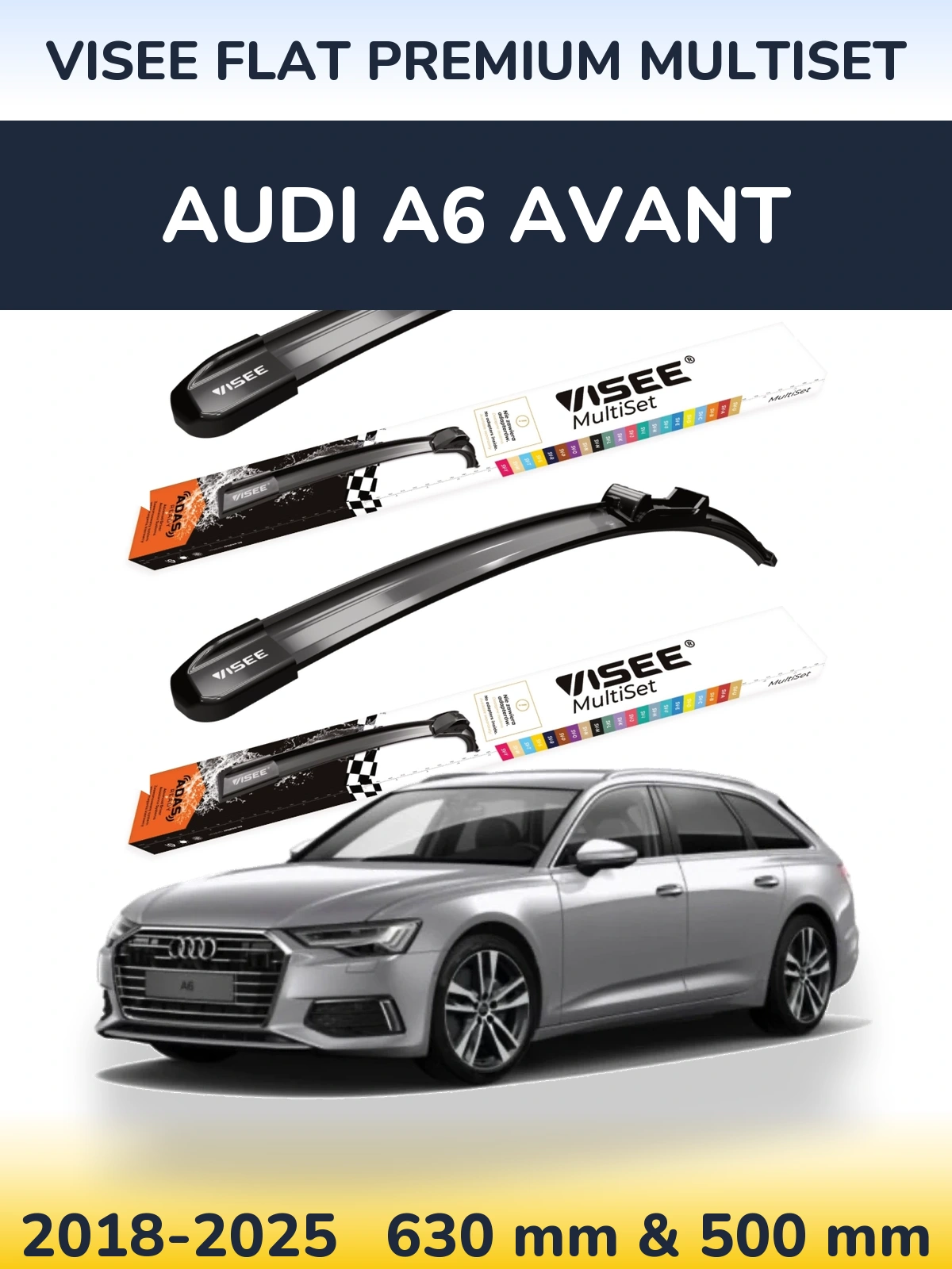 Комплект передніх щіток VISEE FLAT PREMIUM MultiSet 630 & 500 мм для Audi A6 Avant 2018-2025