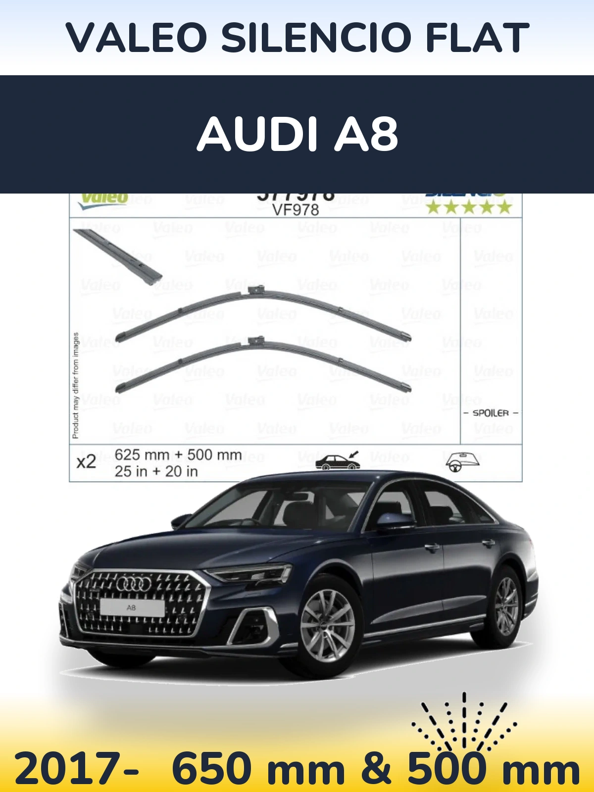 Комплект передніх щіток Valeo Silencio Flat 625 & 500 мм для Audi A8 2017-2026
