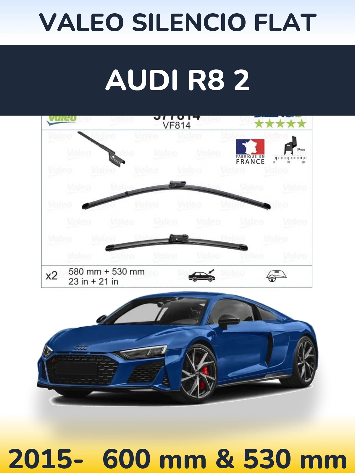 Sada předních stěračů Valeo Silencio Flat 580 a 530 mm pro Audi R8 2 2015-2026