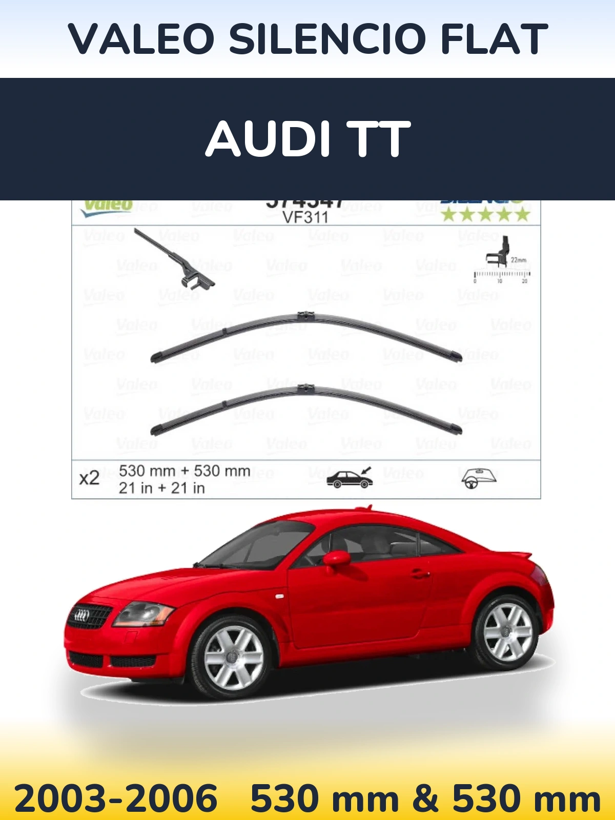 Sada předních stěračů Valeo Silencio Flat 530 a 530 mm pro Audi TT 2003-2006