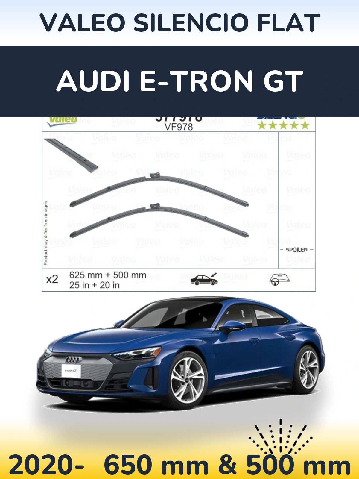 Sada předních stěračů Valeo Silencio Flat 625 a 500 mm pro Audi e-tron GT 2020-2026
