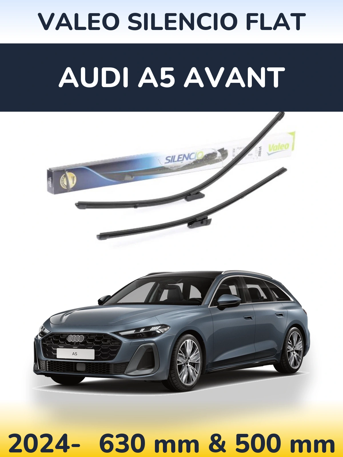 Sada předních stěračů Valeo Silencio Flat 630 a 500 mm pro Audi A5 Avant 2024-2026