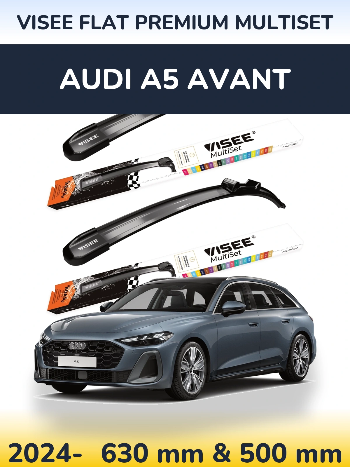 Sada předních stěračů VISEE FLAT PREMIUM MultiSet 630 a 500 mm pro Audi A5 Avant 2024-2026