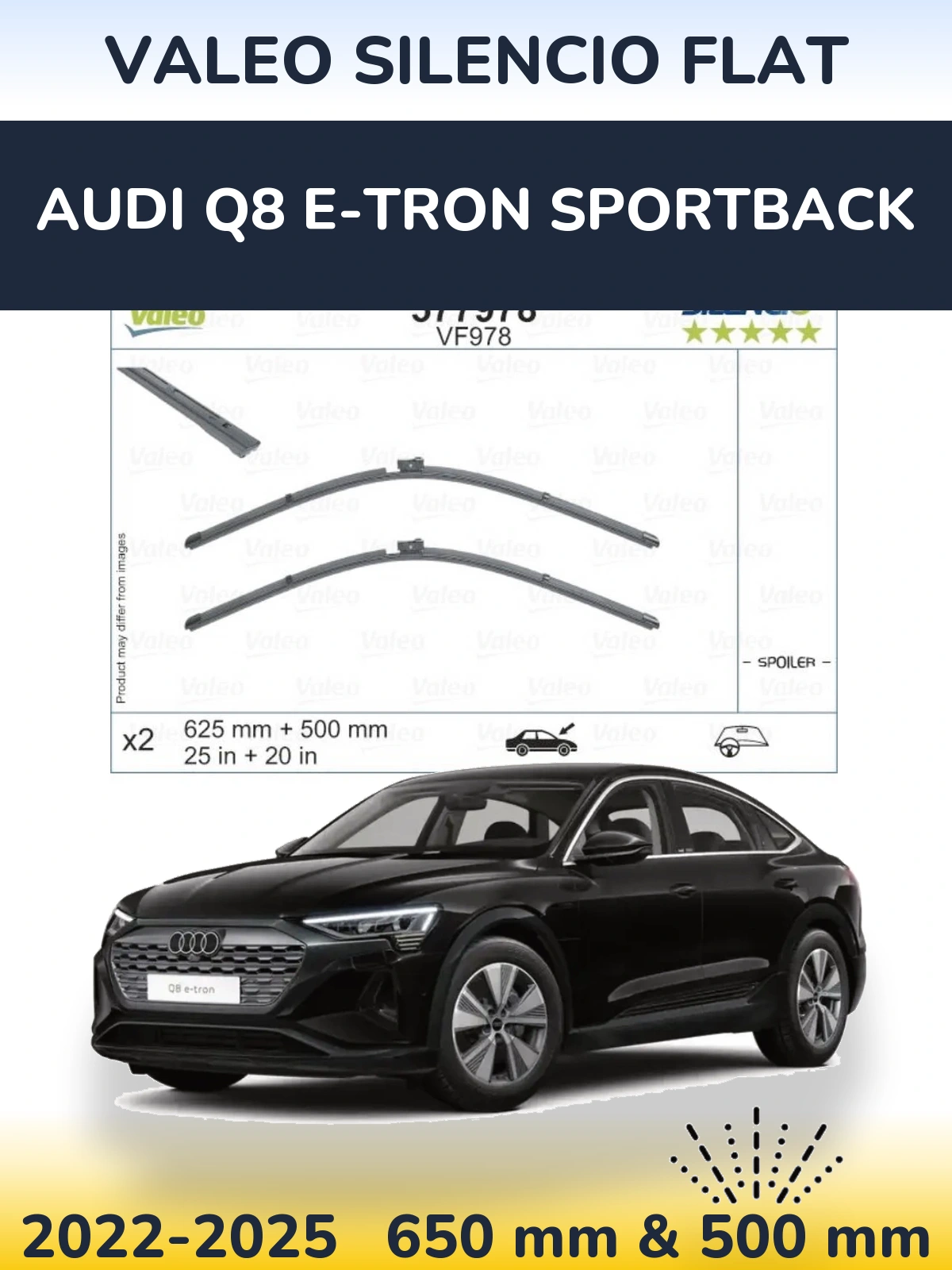 Sada předních stěračů Valeo Silencio Flat 625 a 500 mm pro Audi Q8 e-tron Sportback 2022-2025
