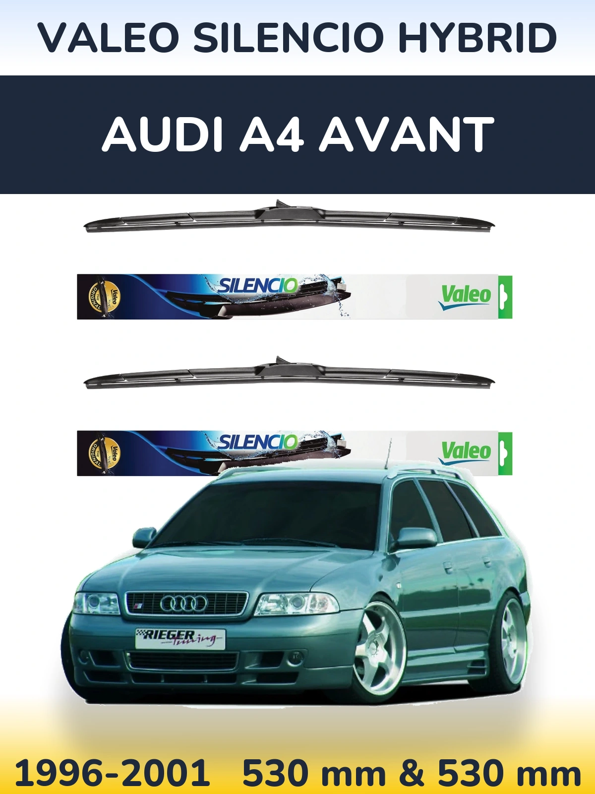 Sada předních stěračů Valeo Silencio Hybrid 530 a 530 mm pro Audi A4 Avant 1996-2001