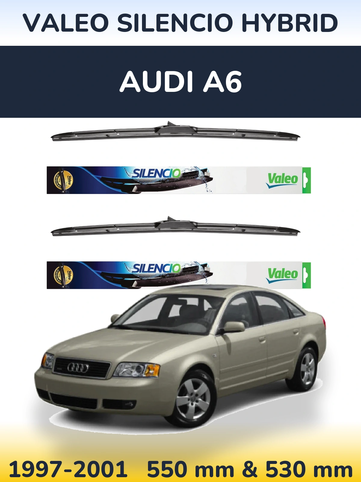 Sada předních stěračů Valeo Silencio Hybrid 550 a 530 mm pro Audi A6 1997-2001