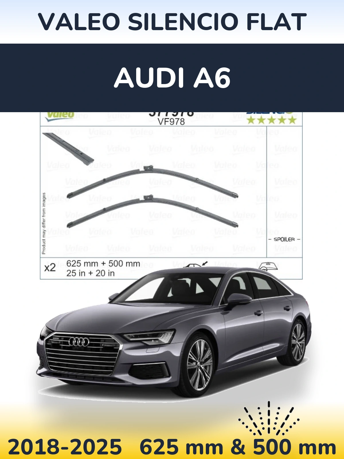 Sada předních stěračů Valeo Silencio Flat 625 a 500 mm pro Audi A6 2018-2025