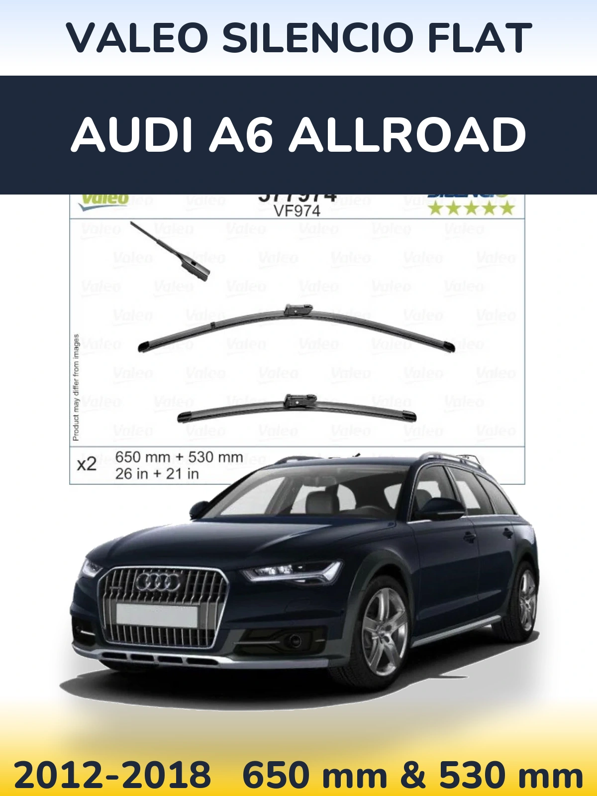 Sada předních stěračů Valeo Silencio Flat 650 a 530 mm pro Audi A6 Allroad 2012-2018