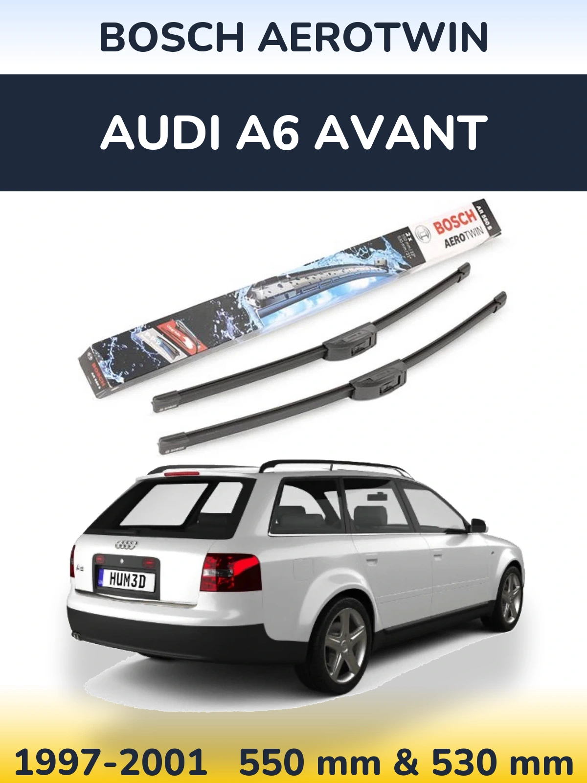 Sada předních stěračů BOSCH AeroTwin 550 a 530 mm pro Audi A6 Avant 1997-2001