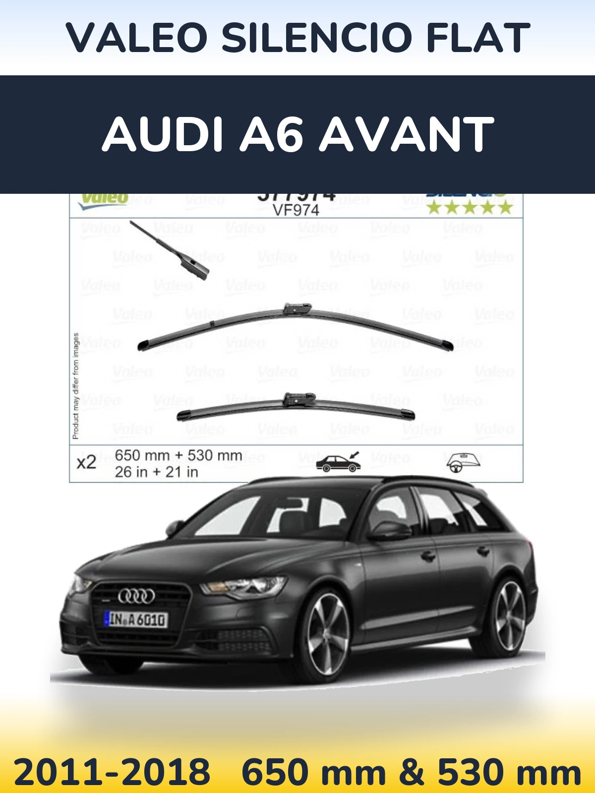 Sada předních stěračů Valeo Silencio Flat 650 a 530 mm pro Audi A6 Avant 2011-2018