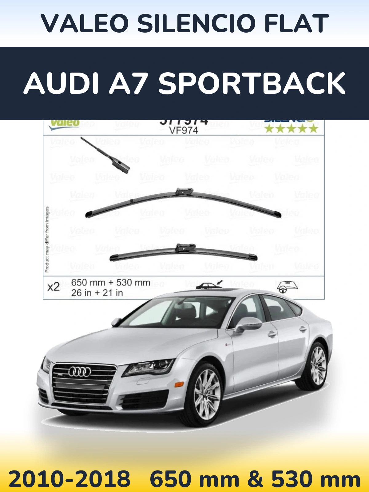 Sada předních stěračů Valeo Silencio Flat 650 a 530 mm pro Audi A7 Sportback 2010-2018