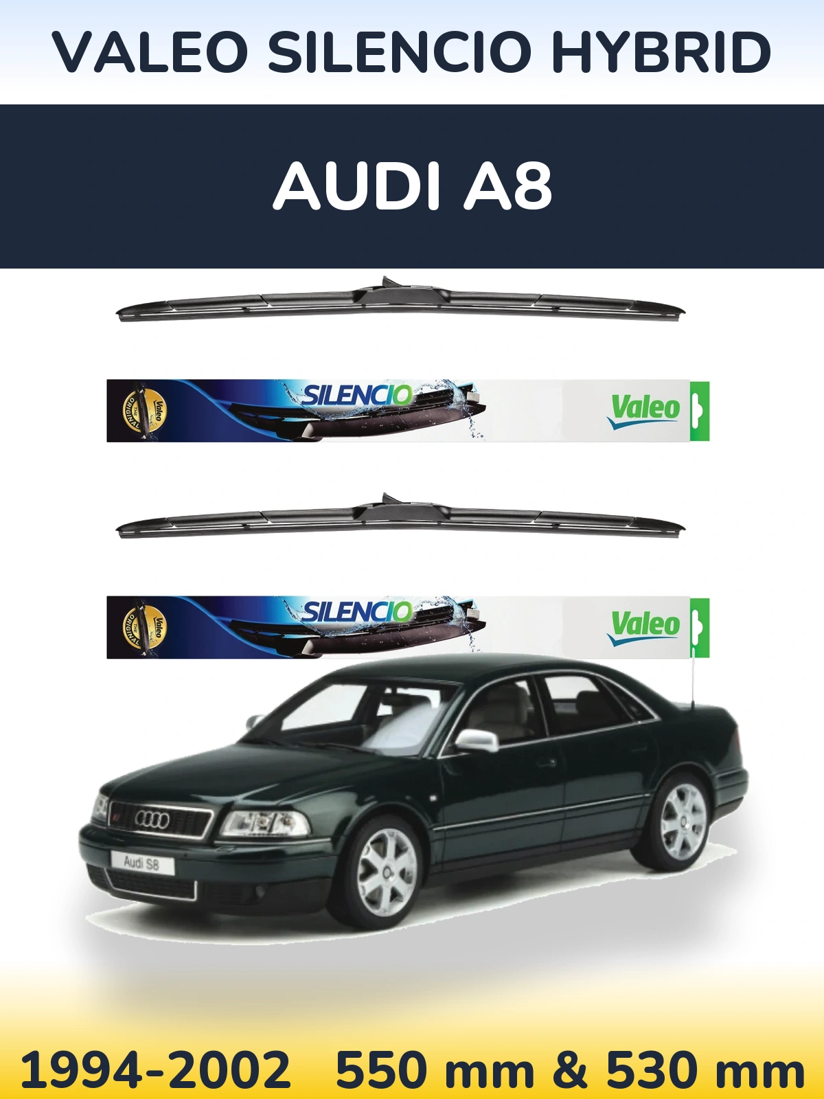 Sada předních stěračů Valeo Silencio Hybrid 550 a 530 mm pro Audi A8 1994-2002