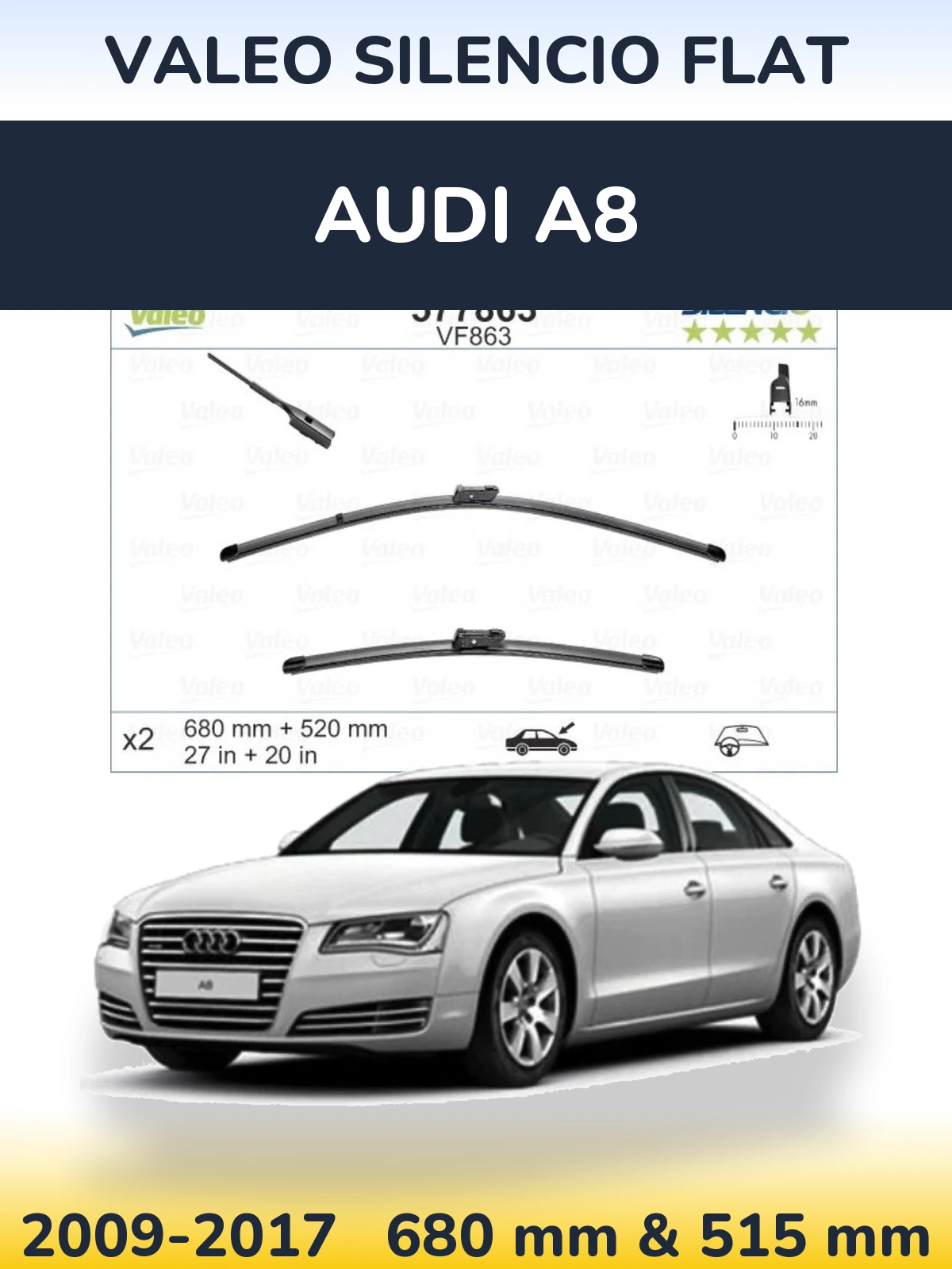 Sada předních stěračů Valeo Silencio Flat 680 a 520 mm pro Audi A8 2009-2017