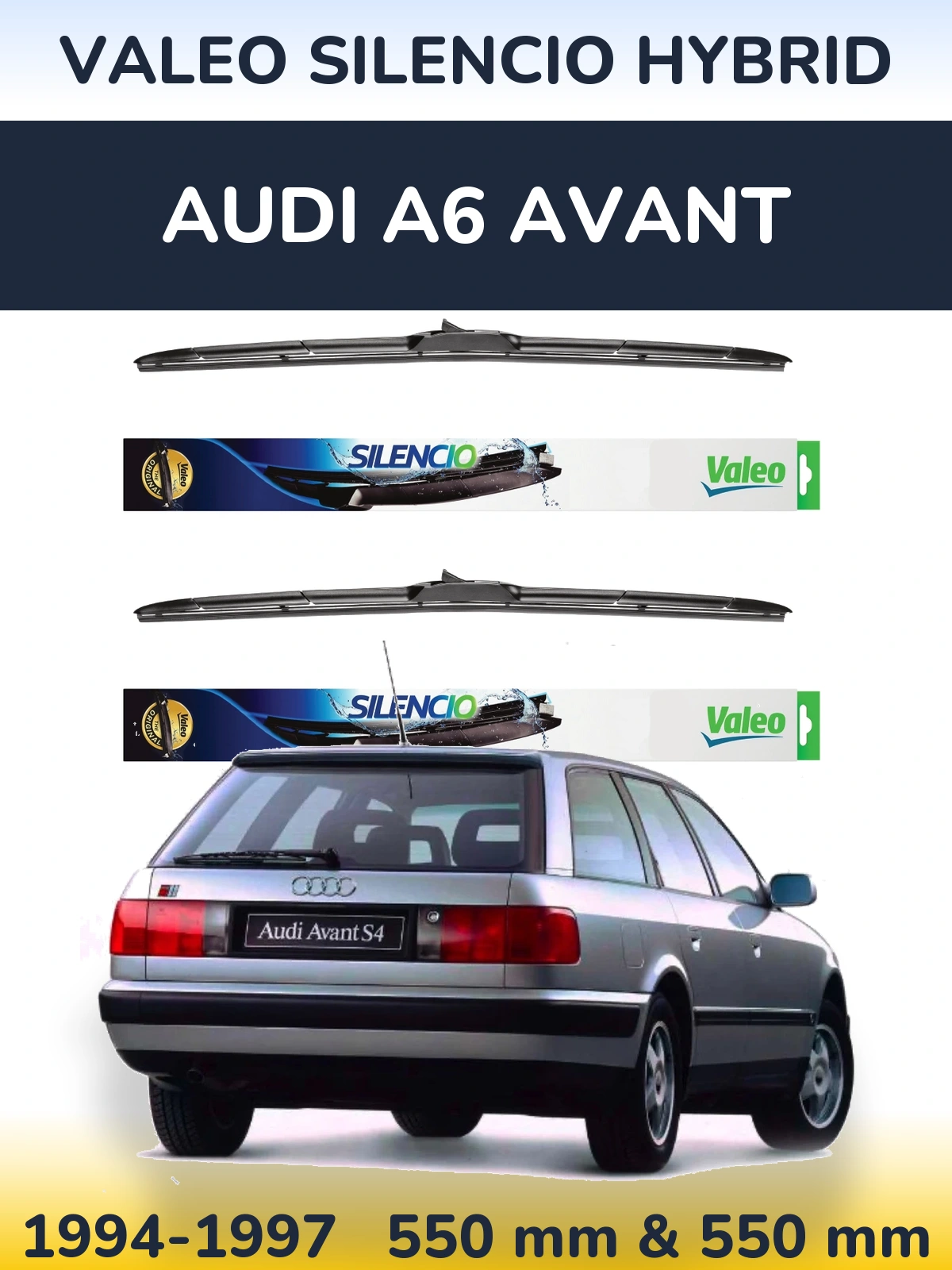 Sada předních stěračů Valeo Silencio Hybrid 550 a 550 mm pro Audi A6 Avant 1994-1997