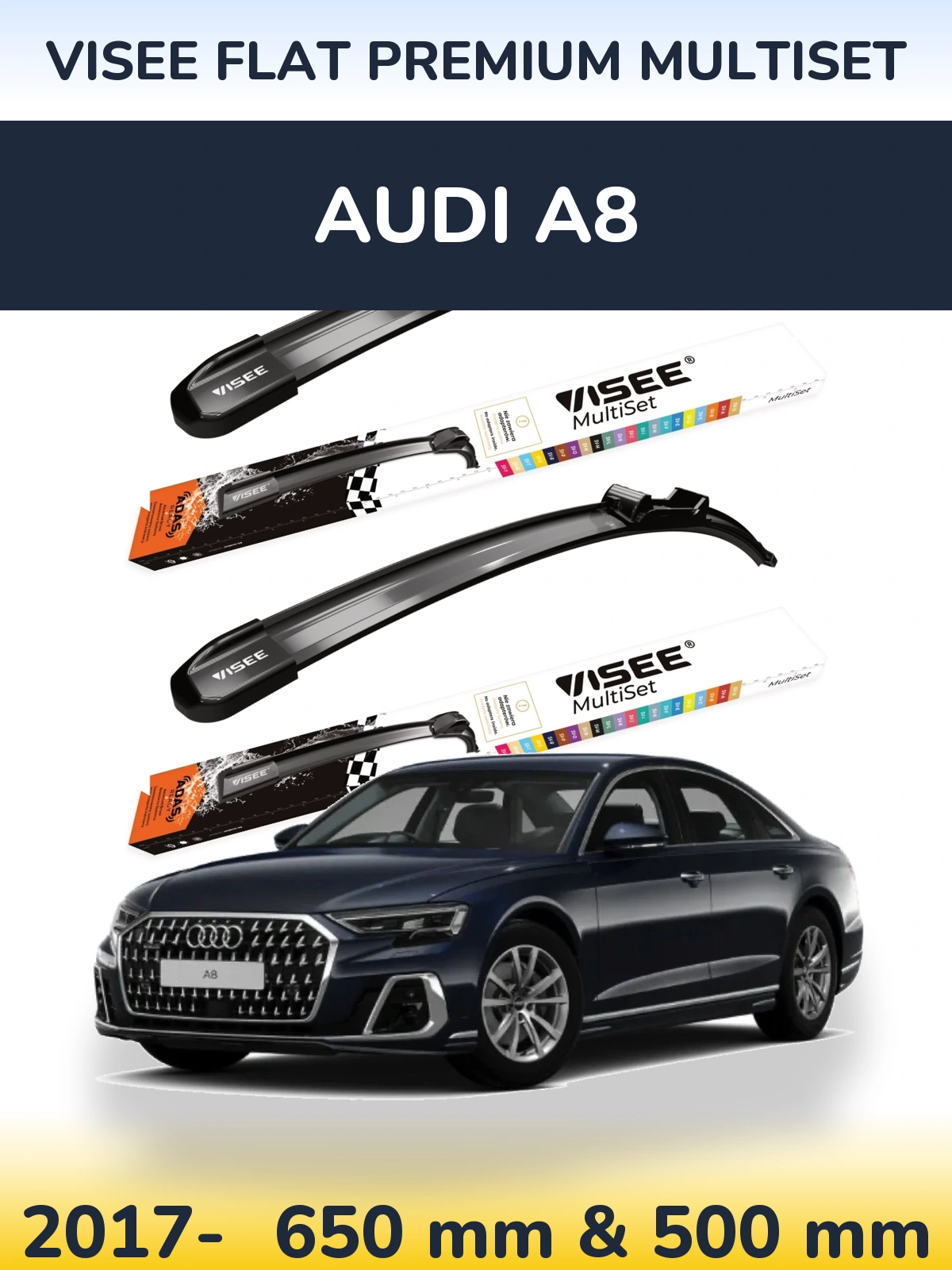 Комплект передніх щіток VISEE FLAT PREMIUM MultiSet 650 & 500 мм для Audi A8 2017-2026