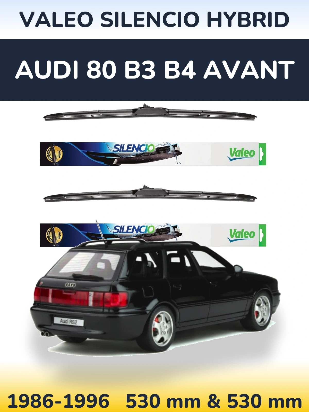 Sada předních stěračů Valeo Silencio Hybrid 530 a 530 mm pro Audi 80 B3 B4 Avant 1986-1996