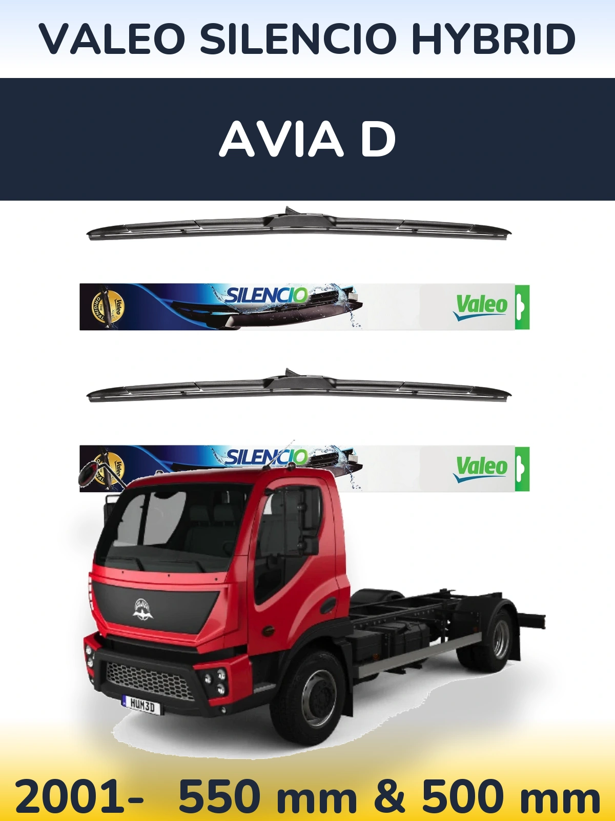 Sada předních stěračů Valeo Silencio Hybrid 550 a 500 mm pro Avia D 2001-2026