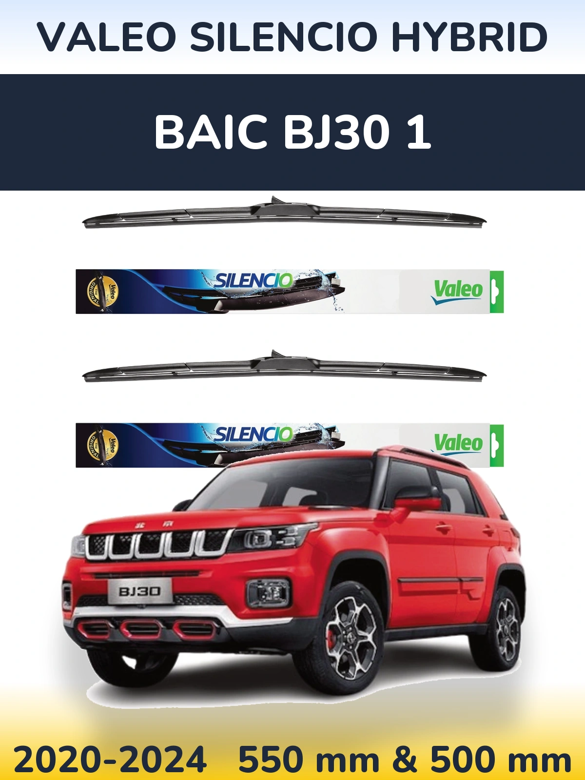 Sada předních stěračů Valeo Silencio Hybrid 550 a 500 mm pro BAIC BJ30 1 2020-2024