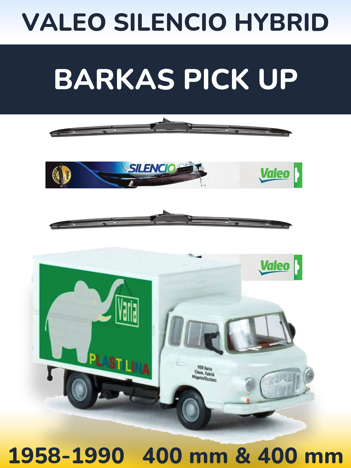 Sada předních stěračů Valeo Silencio Hybrid 400 a 400 mm pro Barkas Pick Up 1958-1990
