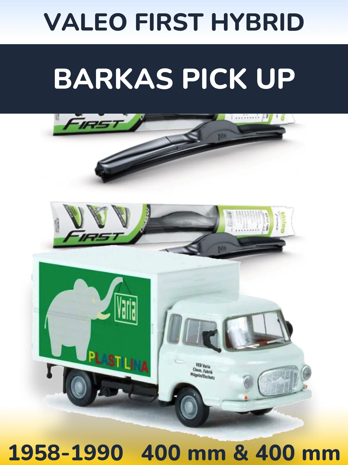 Sada předních stěračů Valeo First Hybrid 400 a 400 mm pro Barkas Pick Up 1958-1990