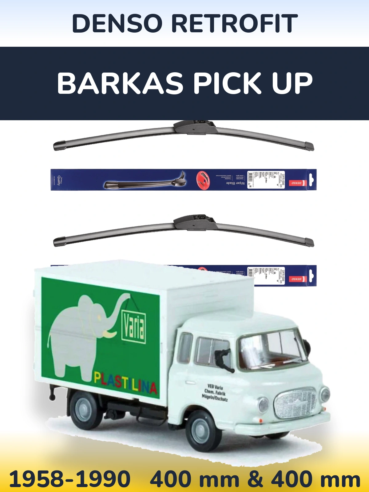 Sada předních stěračů Denso Retrofit 400 a 400 mm pro Barkas Pick Up 1958-1990