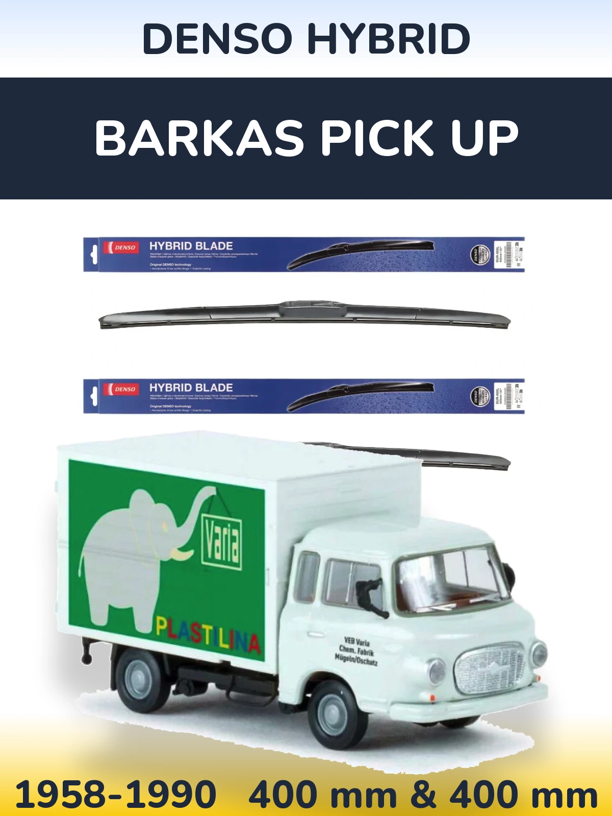 Sada předních stěračů Denso Hybrid 400 a 400 mm pro Barkas Pick Up 1958-1990