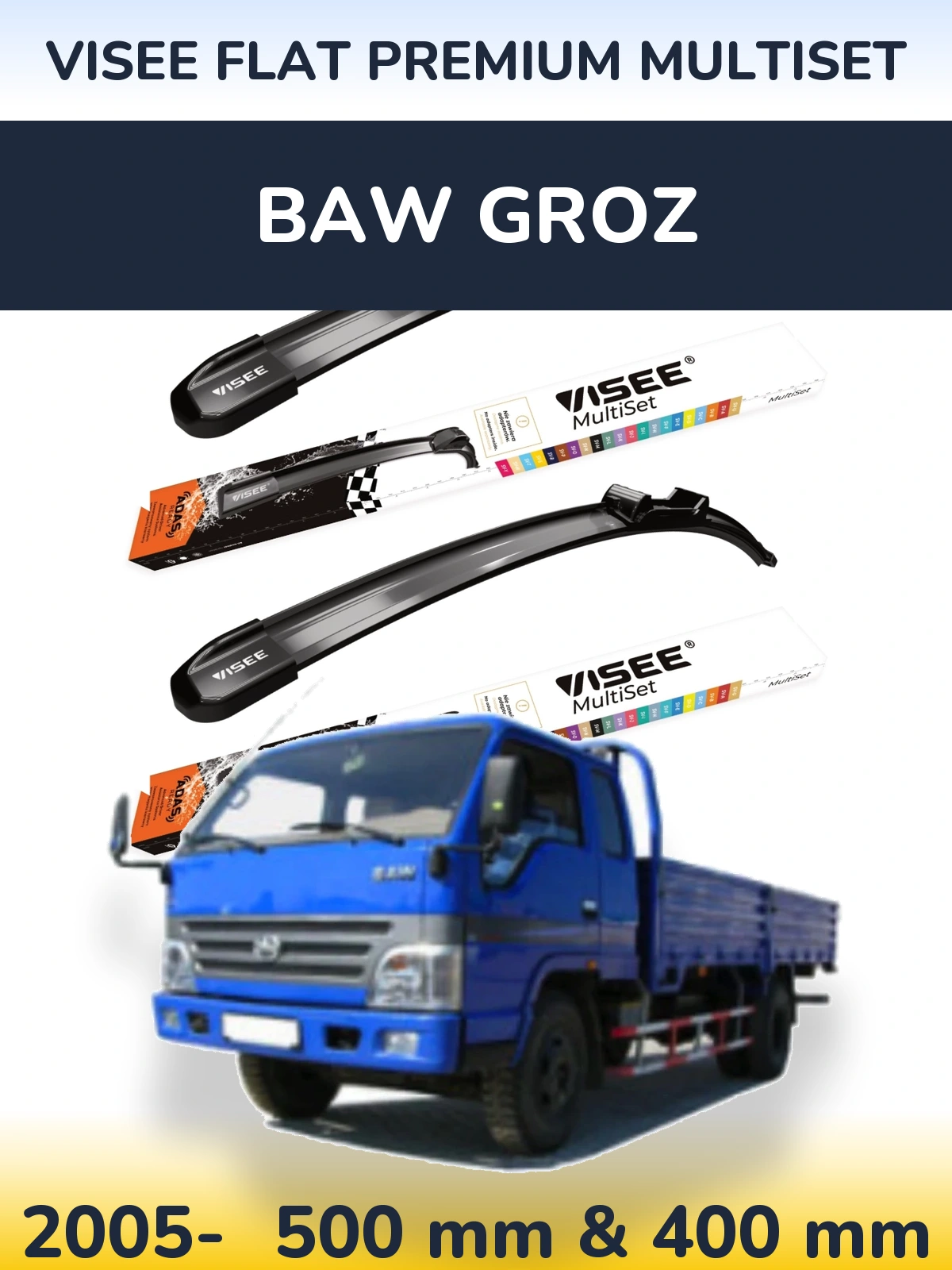 Sada předních stěračů VISEE FLAT PREMIUM MultiSet 500 a 400 mm pro BAW Groz 2005-2026
