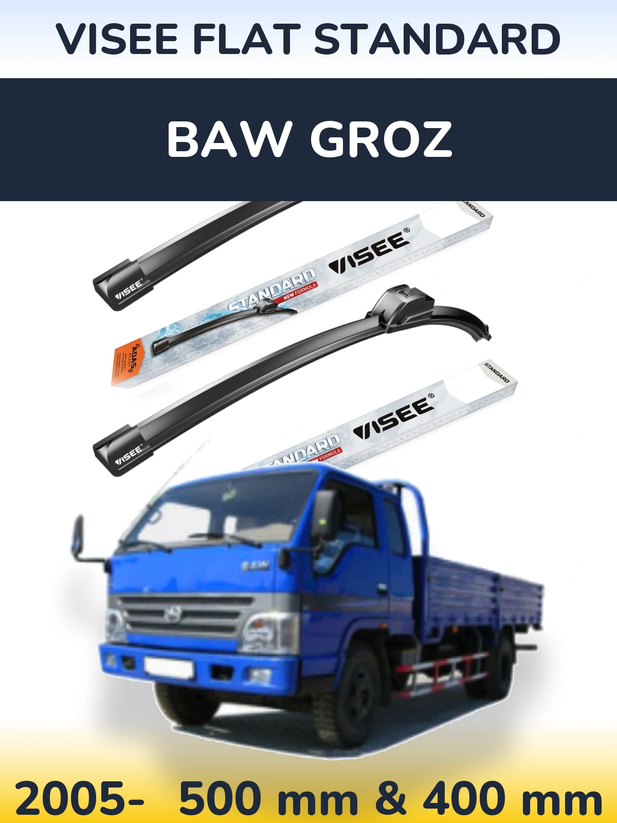 Sada předních stěračů VISEE FLAT STANDARD 500 a 400 mm pro BAW Groz 2005-2026