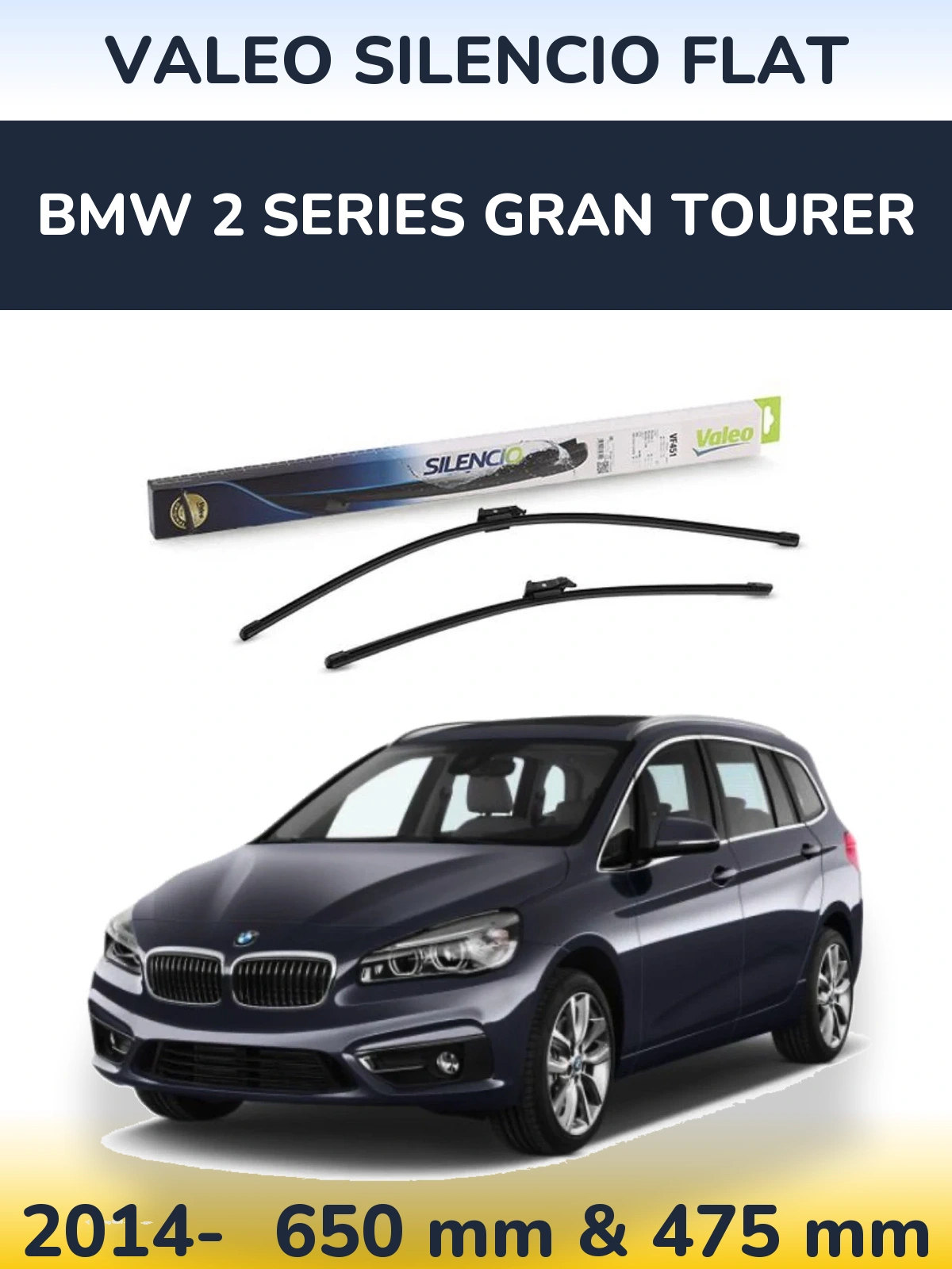 Sada předních stěračů Valeo Silencio Flat 650 a 475 mm pro BMW 2 Series Gran Tourer 2014-2026