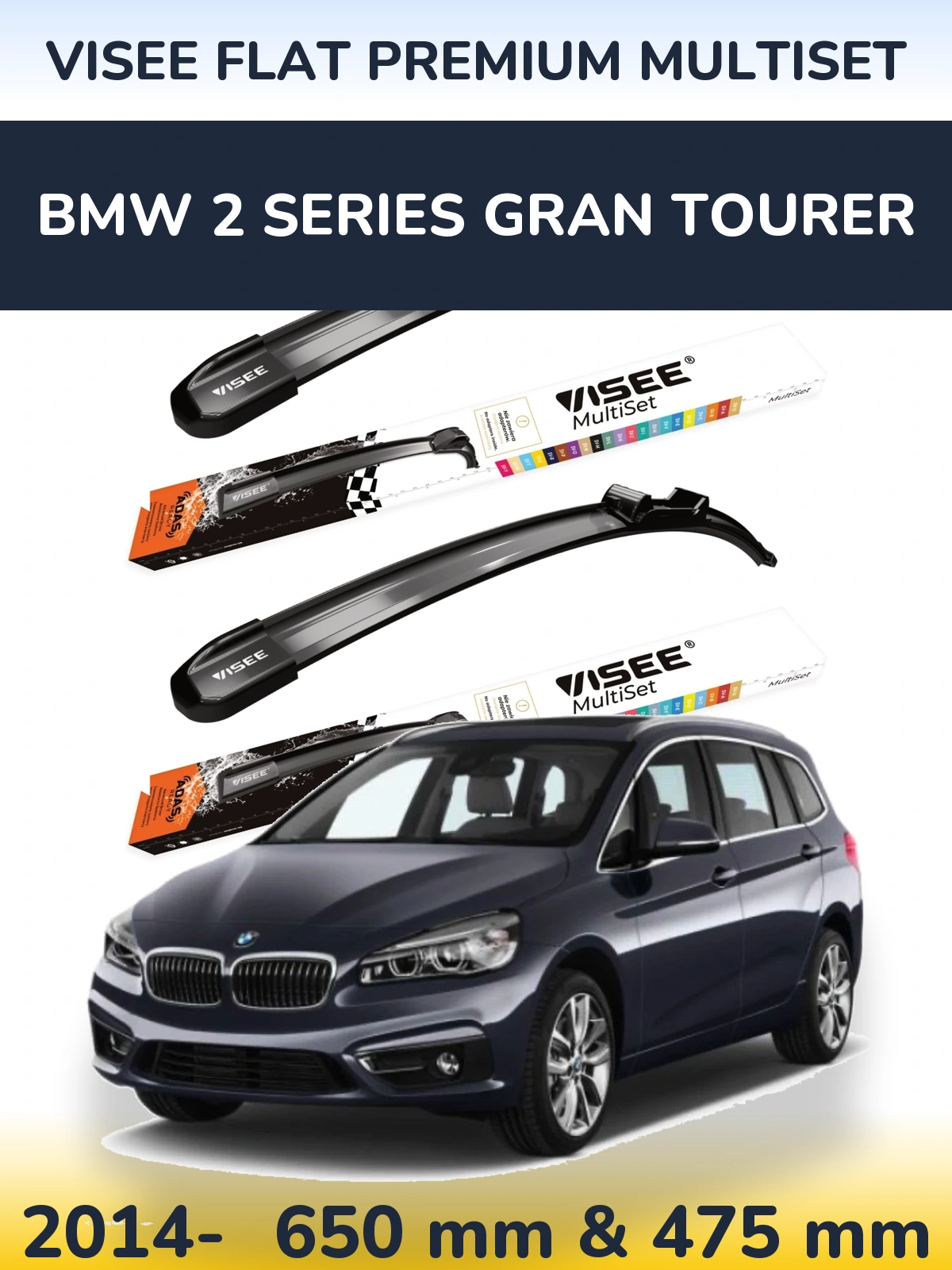 Sada předních stěračů VISEE FLAT PREMIUM MultiSet 650 a 475 mm pro BMW 2 Series Gran Tourer 2014-2026