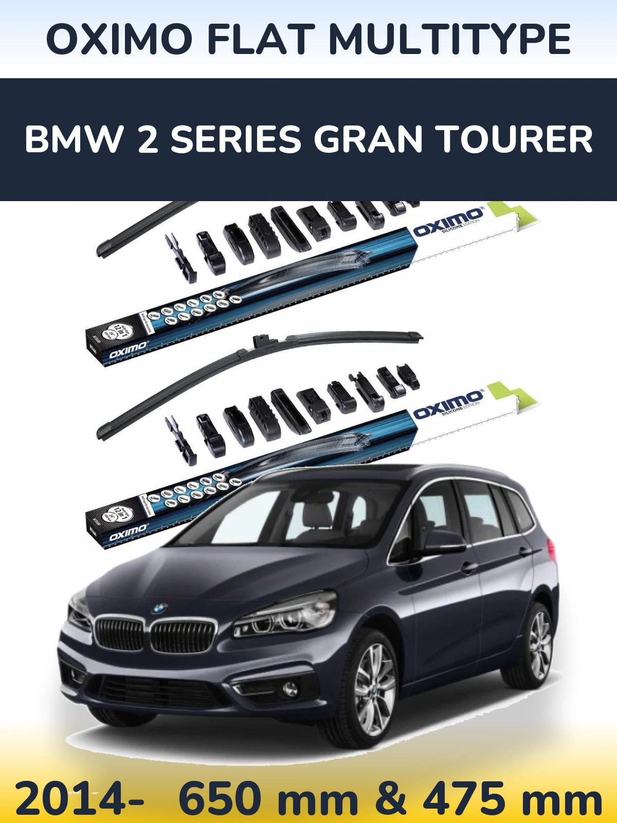 Sada předních stěračů Oximo Flat MultiType 650 a 475 mm pro BMW 2 Series Gran Tourer 2014-2026