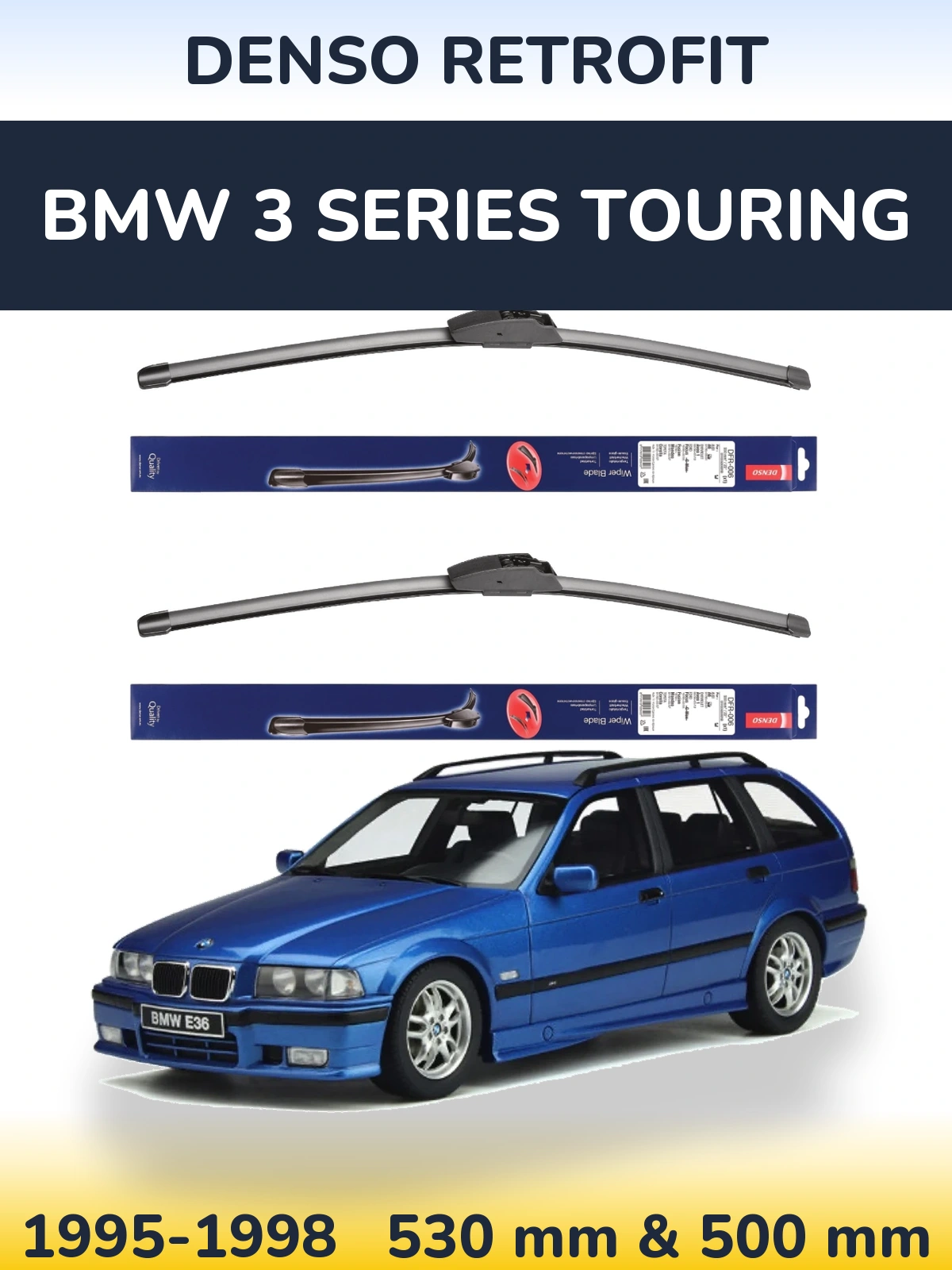 Sada předních stěračů Denso Retrofit 530 a 500 mm pro BMW 3 Series Touring 1995-1998