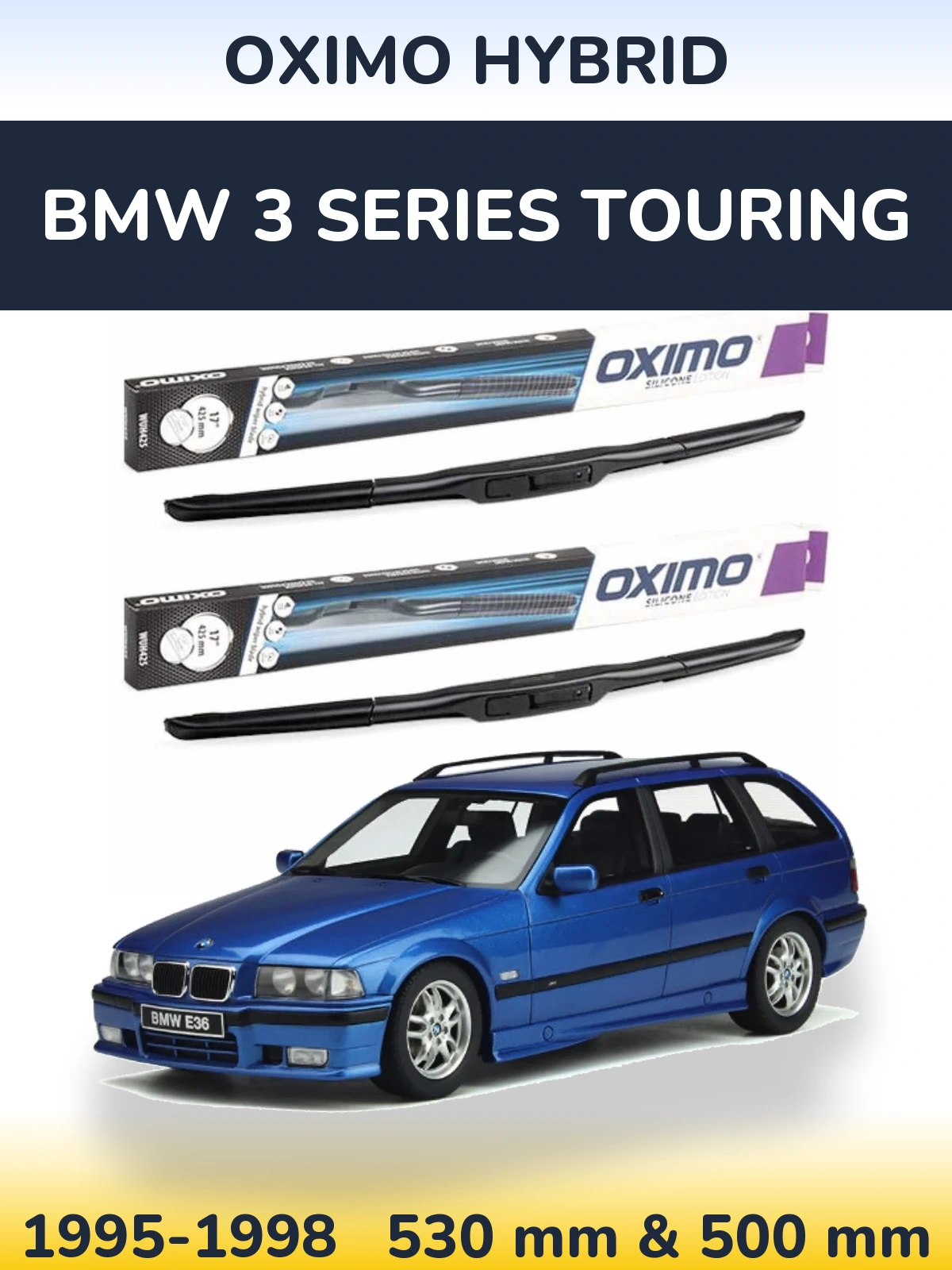 Sada předních stěračů Oximo Hybrid 530 a 500 mm pro BMW 3 Series Touring 1995-1998