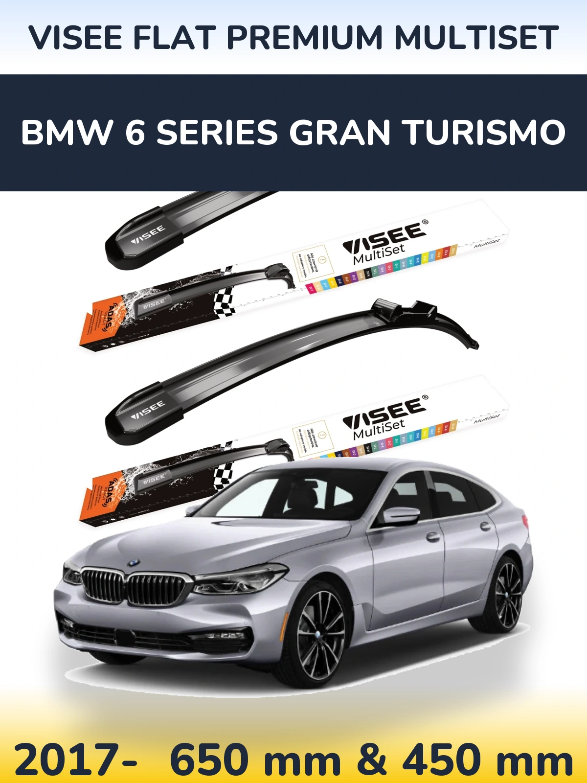 Комплект передніх щіток VISEE FLAT PREMIUM MultiSet 650 & 450 мм для BMW 6 Series Gran Turismo 2017-2026