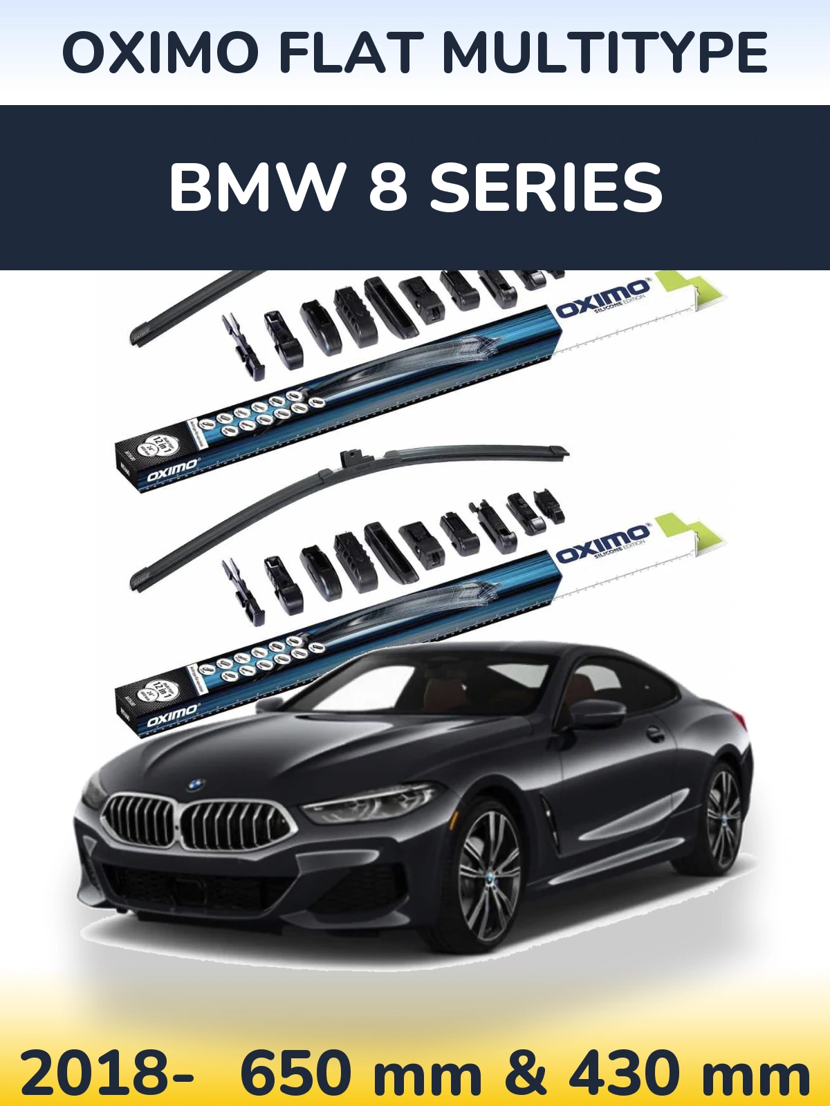 Sada předních stěračů Oximo Flat MultiType 650 a 430 mm pro BMW 8 Series 2018-2026