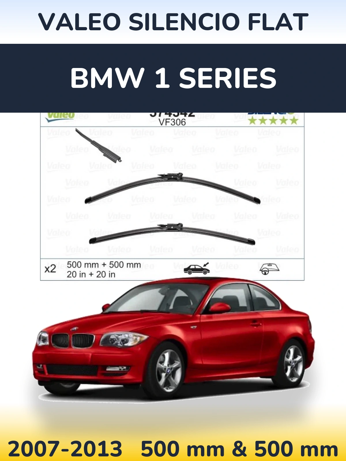 Sada předních stěračů Valeo Silencio Flat 500 a 500 mm pro BMW 1 Series 2007-2013