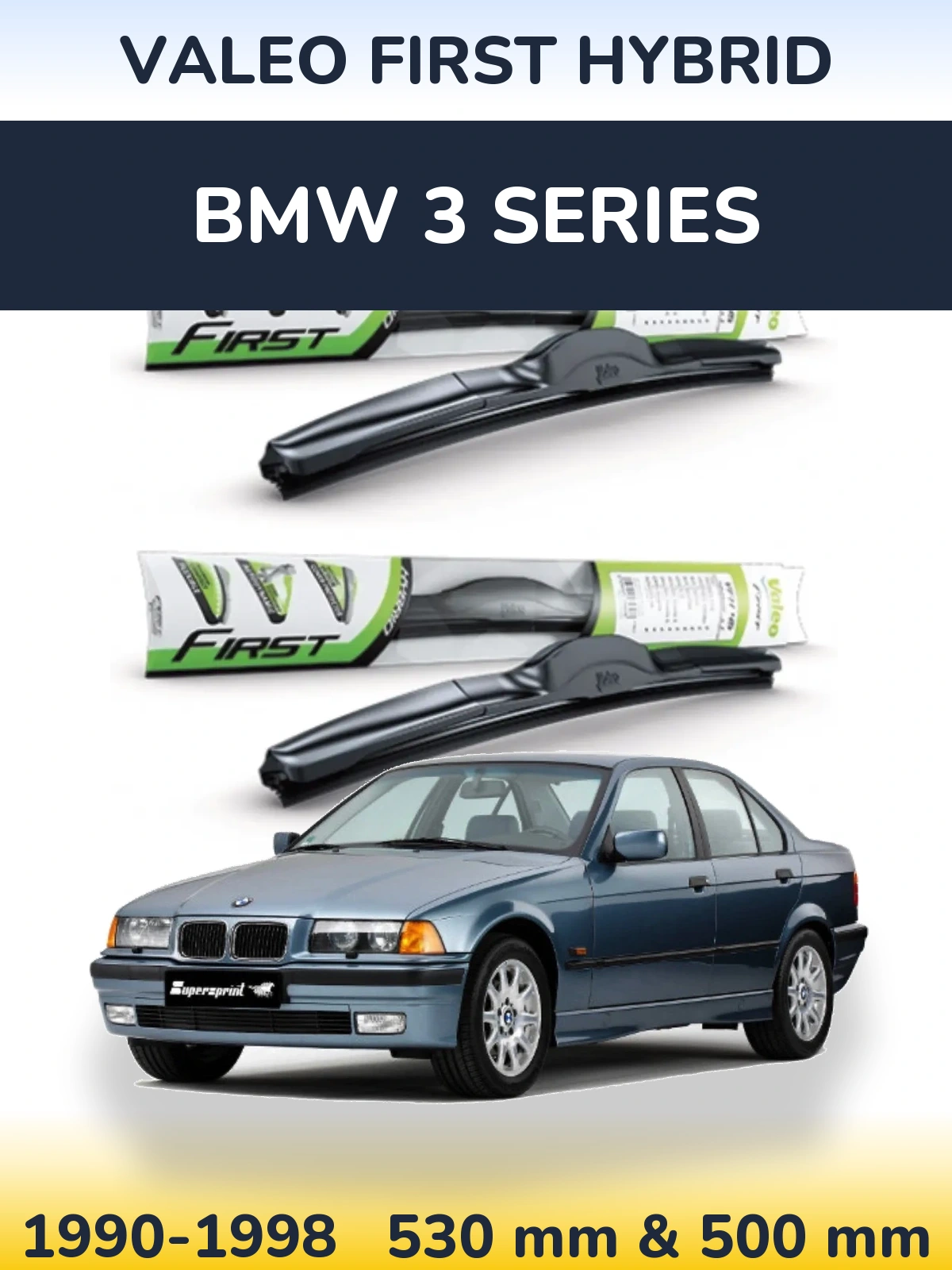Sada předních stěračů Valeo First Hybrid 530 a 500 mm pro BMW 3 Series 1990-1998