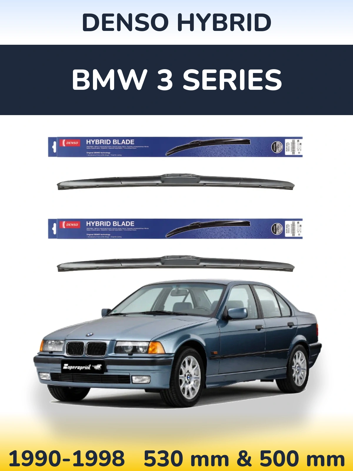 Sada předních stěračů Denso Hybrid 530 a 500 mm pro BMW 3 Series 1990-1998