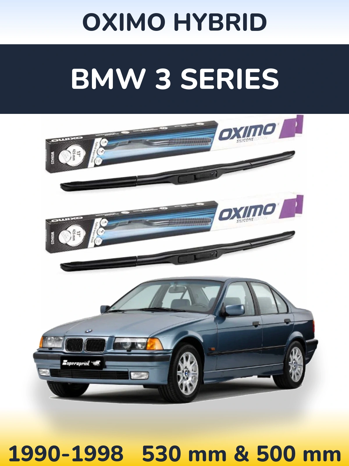 Sada předních stěračů Oximo Hybrid 530 a 500 mm pro BMW 3 Series 1990-1998
