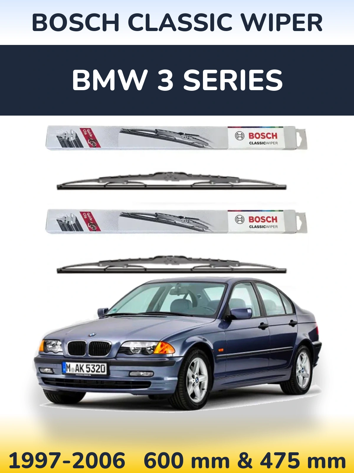 Комплект передніх щіток BOSCH Classic Wiper 600 & 475 мм для BMW 3 Series 1997-2006