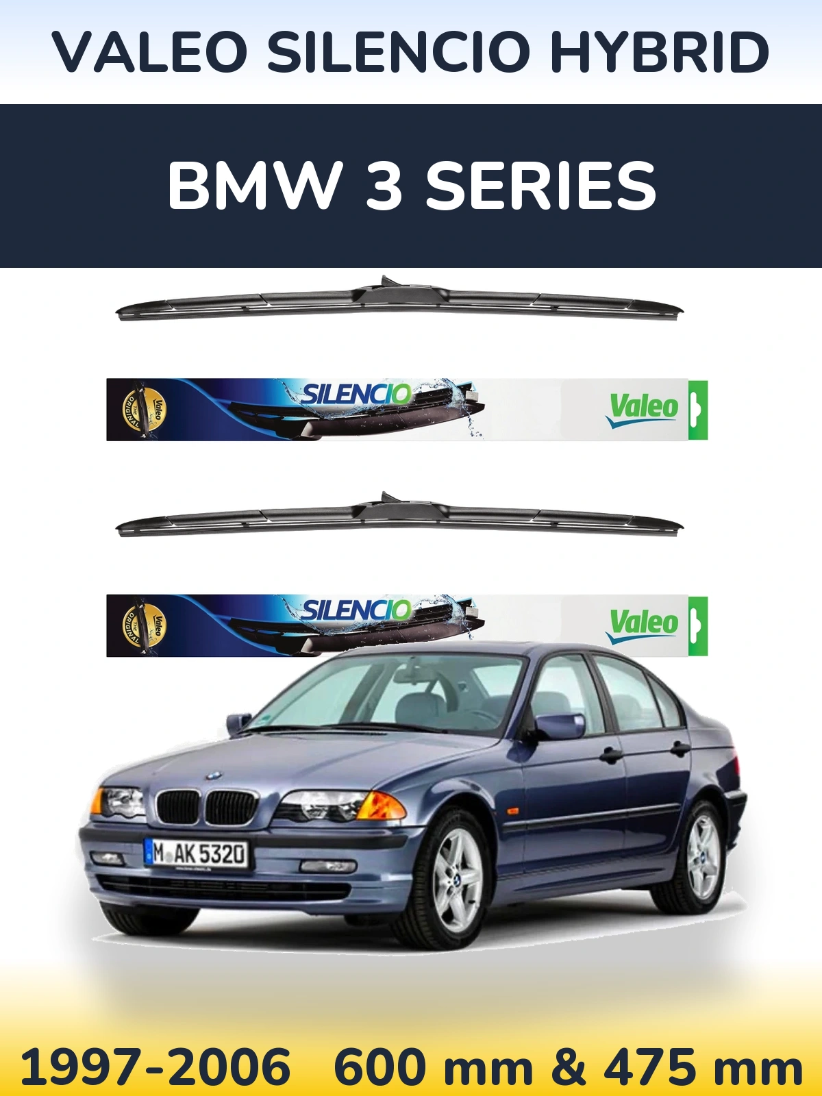 Sada předních stěračů Valeo Silencio Hybrid 600 a 475 mm pro BMW 3 Series 1997-2006