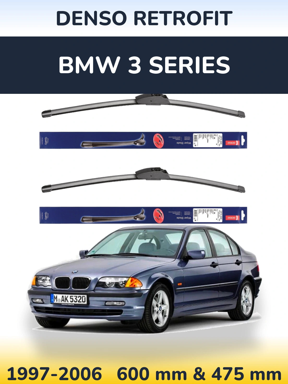 Sada předních stěračů Denso Retrofit 600 a 475 mm pro BMW 3 Series 1997-2006