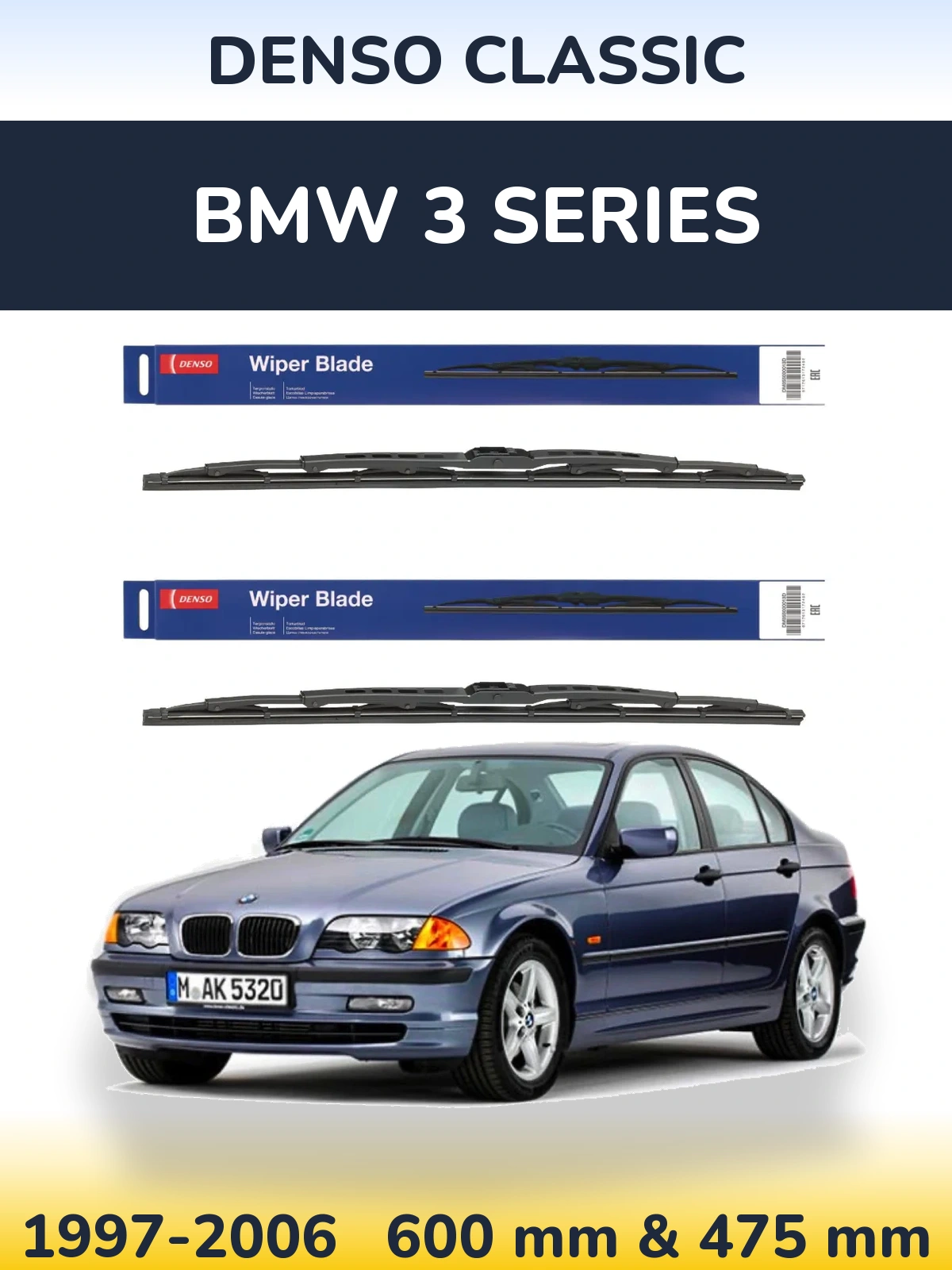 Sada předních stěračů Denso Classic 600 a 475 mm pro BMW 3 Series 1997-2006