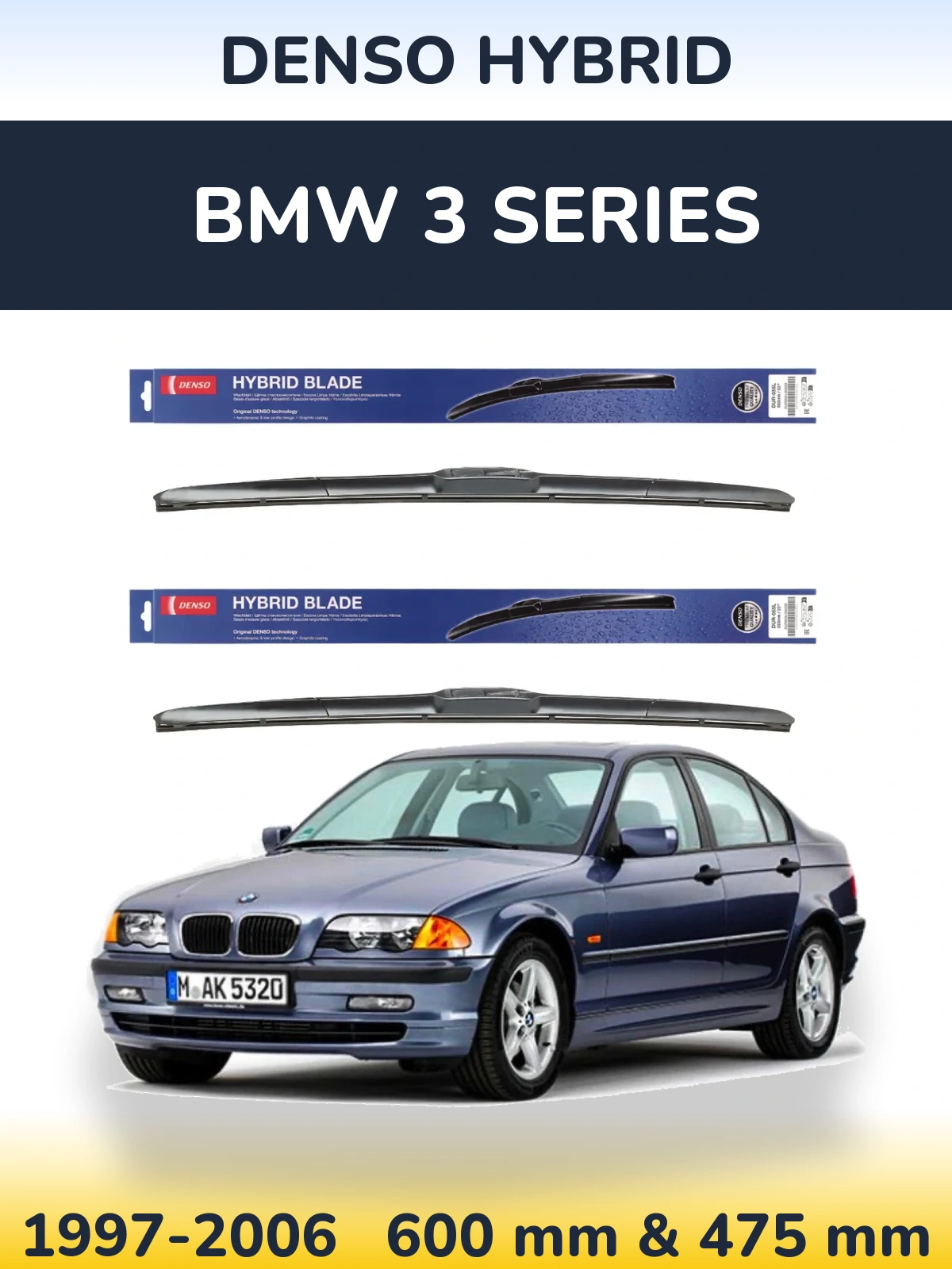Комплект передніх щіток Denso Hybrid 600 & 475 мм для BMW 3 Series 1997-2006
