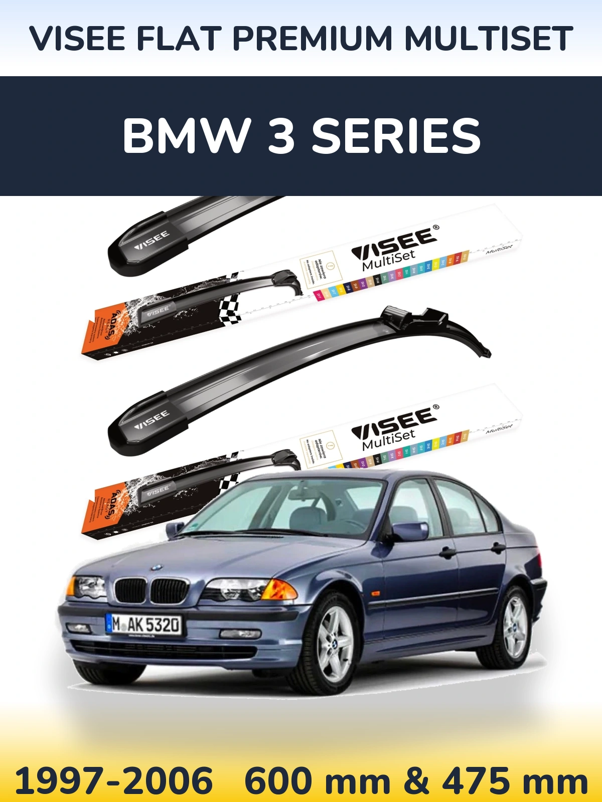 Sada předních stěračů VISEE FLAT PREMIUM MultiSet 600 a 475 mm pro BMW 3 Series 1997-2006